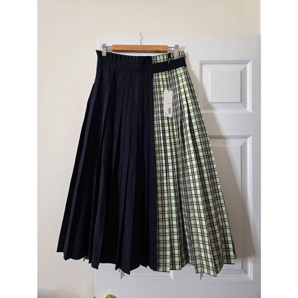 ADEAM Graf Skirt, check & Two Tone Pleated Navy Size 4 NWT $995